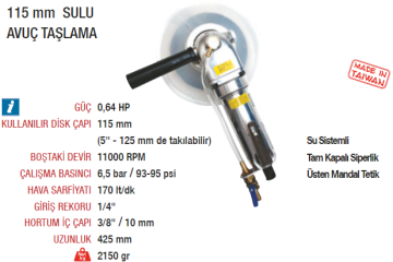 YAMA AT-7037S Havalı Sulu Avuç Taşlama Makinesi 115mm