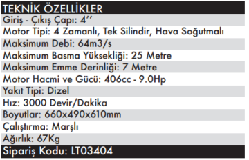 LUTİAN  4'' 100KB-4E Marşlı Dizel Su Transfer Pompası Motopomp