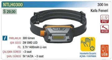 NT LIGHTS Şarjlı Kafa Feneri Sensörlü + IP67 + IK08 + USB