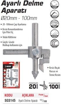 SGS145 Ayarlı Delme Aparatı 20mm - 100mm (10Adet)