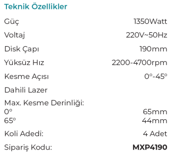 MAX EXTRA MXP4190 Elektrikli Lazerli Daire Sunta Kesme Makinası 190mm 1300 Watt