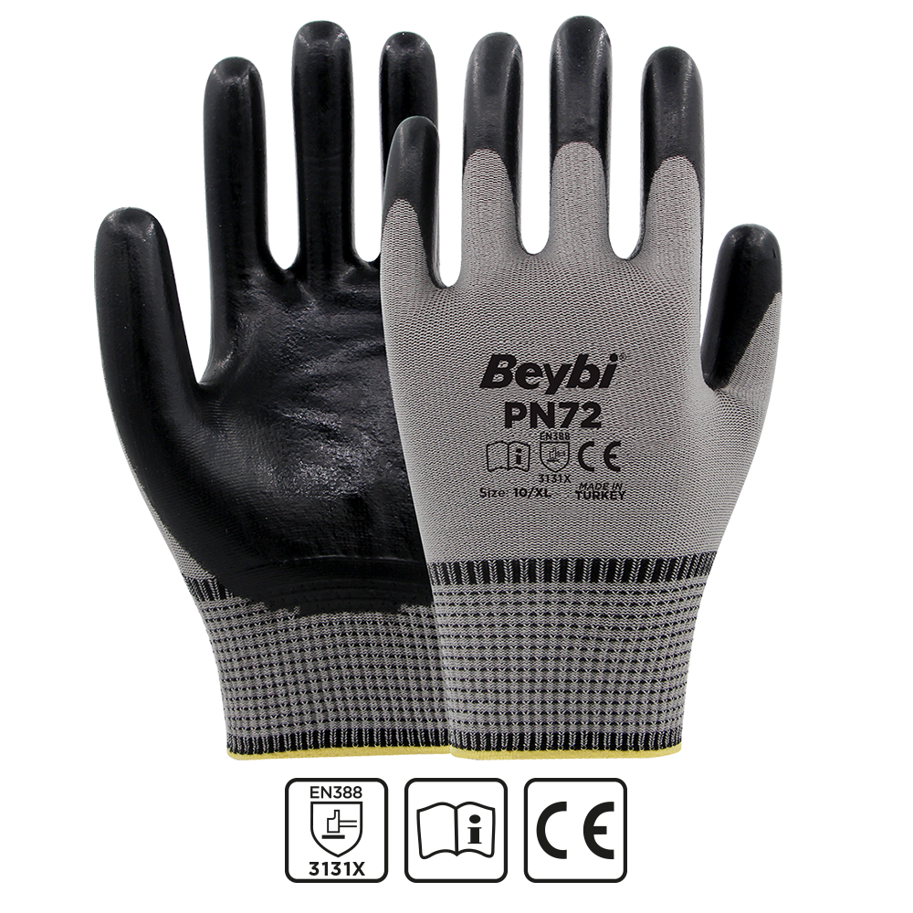 BEYBİ PN72 Polyester Örme Nitril İş Eldiveni