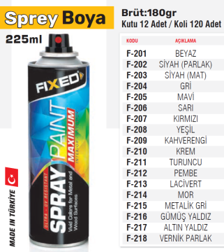 Fixed Sprey Boya 225 ML  - 12 Adet - Koli fiyatı