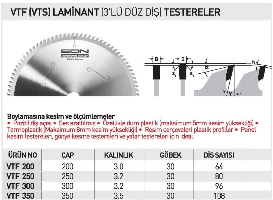 EDN VTF ( VTS ) Laminant (3'Lü Düz Diş ) Testereler