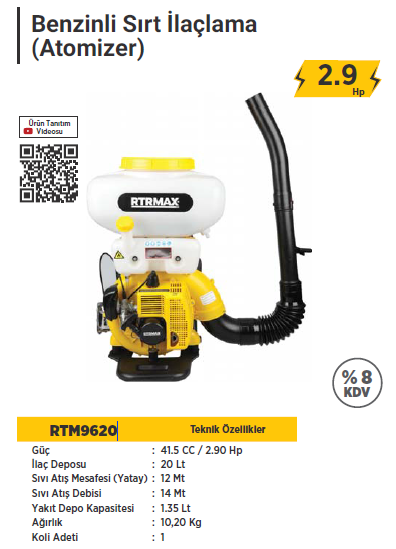 RTR Max Benzinli Sırt İlaçlama Makinası 20 Litre