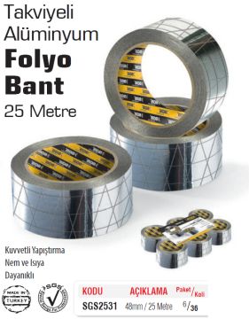 SGS Takviyeli Alüminyum Folyo Bant 48mm x 25 Metre - 36 ADET