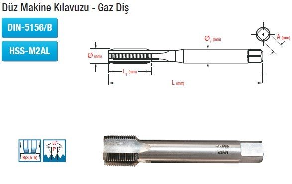 MAİER Düz Makine Kılavuzu - Gaz Diş (DIN-5156/B) (HSS-M2AL) G 7/8'' x 14