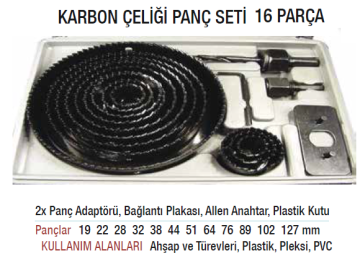 Karbon Çeliği Panç Seti 16 Parça Ahşap-Plastik-PVC Delici