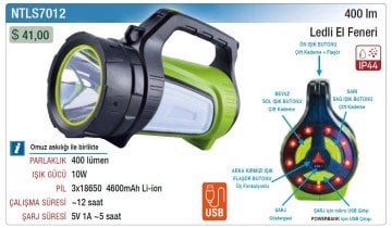 NT LIGHTS Şarjlı EL Feneri 400 Lümen - IP44