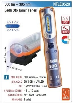 NT LIGHTS Mıknatıslı IP54 Ledli Oto Tamir Feneri 500 Lümen