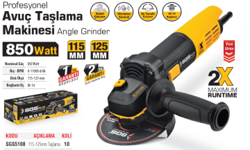 SGS5108 Profesyonel 115 - 125mm Avuç Taşlama Makinesi 850 Watt