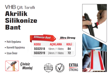 SGS 1 Metre VHB Çift Taraflı Akrilik Silikonize Bant - Koli Fiyatı