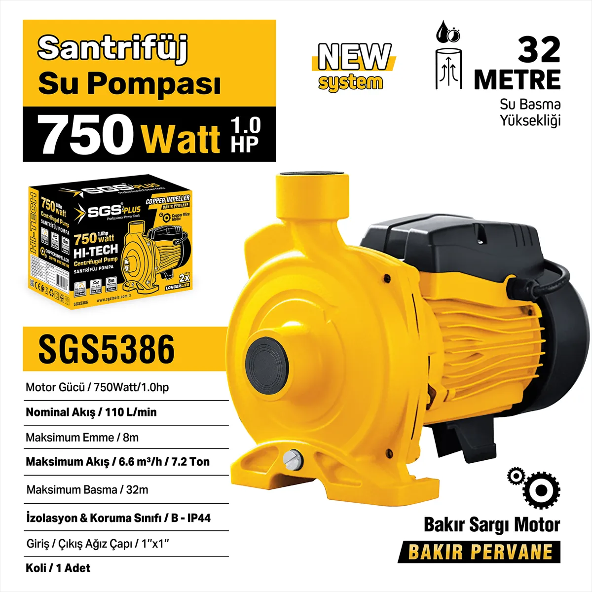 SGS5386 - SANTRİFÜJ SU POMPASI 750 WATT 1.0 HP - SU ÇEKME DİNAMOSU BAKIR SARGI