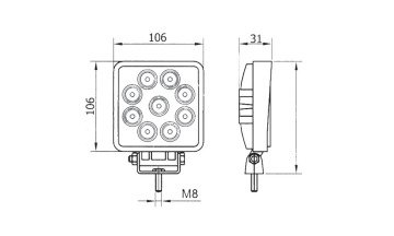 EMR90 - Kare Sis Çalışma Lambası 27 Watt - 9 Ledli (Traktör-İş Makinası - Off Road)