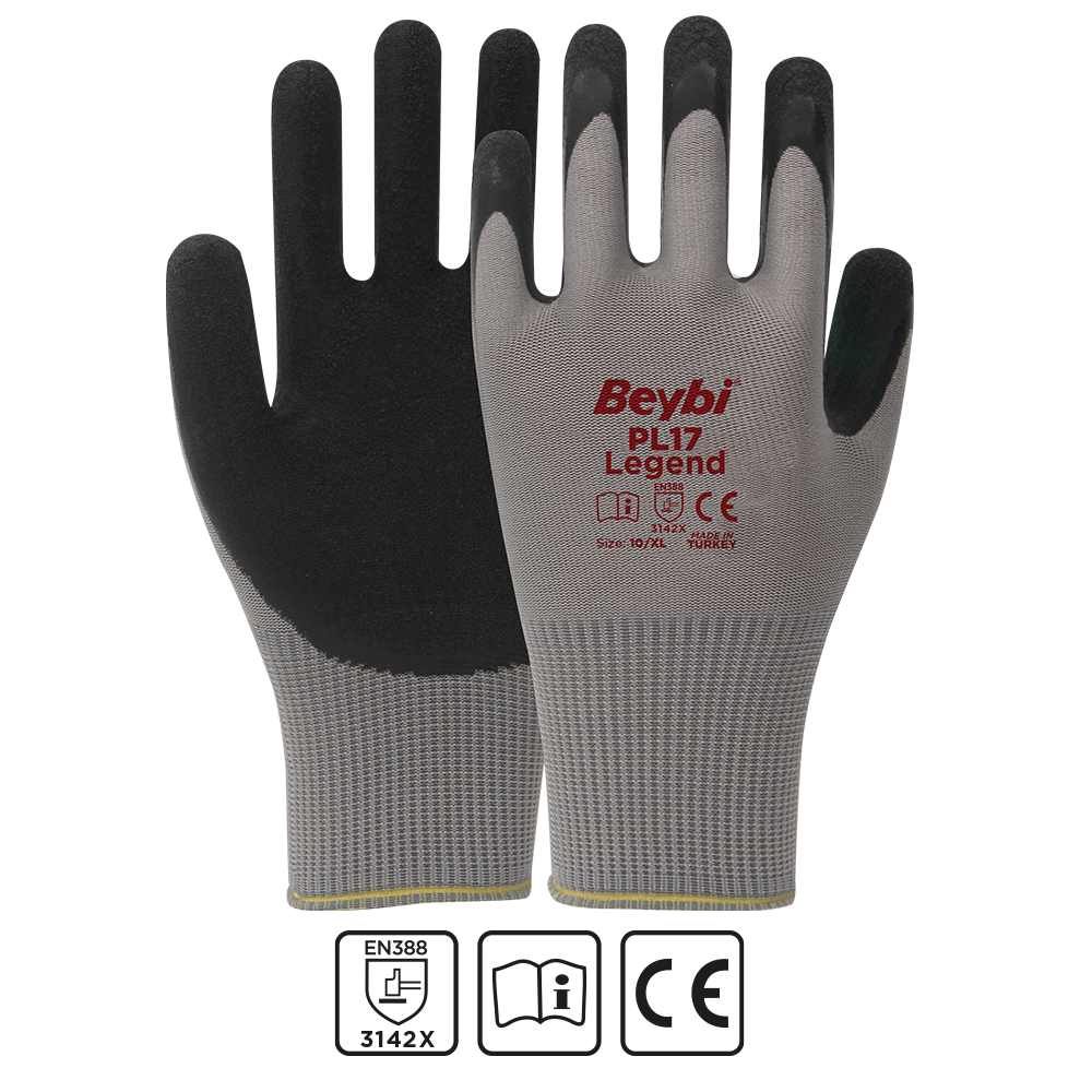 BEYBİ PL17 Camcı Eldiveni Gri Polyester Örme Lateks 144 Çift