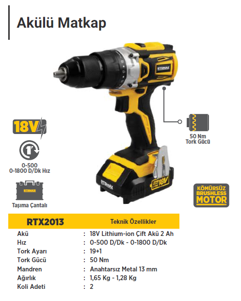 RTR MAX X-LION Akülü Matkap Kömürsüz Motor 18 Volt