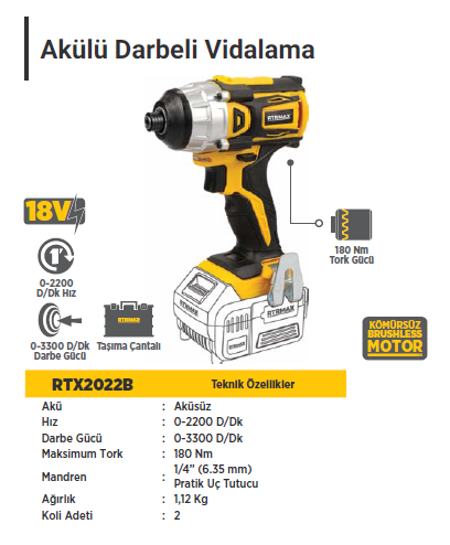 RTR MAX X-LION Akülü Darbeli Vidalama Kömürsüz Motor 18 Volt (Aküsüz)