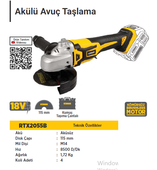 RTR MAX X-LION Akülü Avuç Taşlama Kömürsüz Motor 18 Volt (Aküsüz)