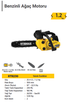 RTR MAX Benzinli Ağaç Kesme Motoru 30 Cm / 1.2 HP