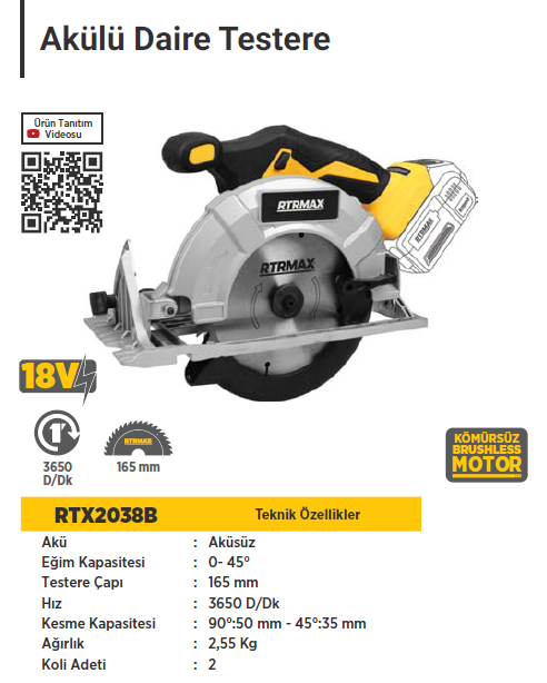 RTR MAX X-LION Akülü Sunta Kesme Kömürsüz Motor 18 Volt (Aküsüz)
