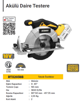RTR MAX X-LION Akülü Sunta Kesme Kömürsüz Motor 18 Volt (Aküsüz)
