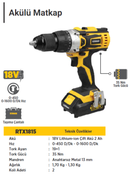 RTR MAX X-LION Akülü Matkap 18 Volt