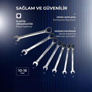 WORKPRO WP202511 Cr-V 7 Parça Cırcırlı Profesyonel Kombine Anahtar Takımı