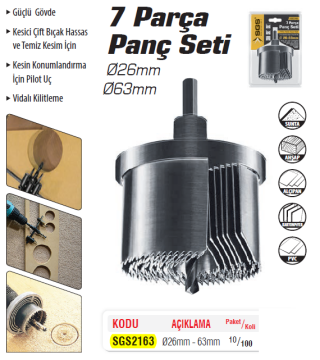 SGS2163 - Ahşap MDF Delme Panç Seti 7 Parça - Ø26mm - Ø63mm