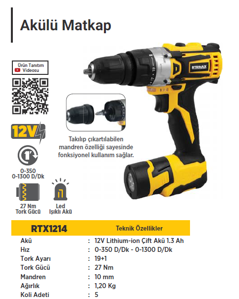 RTR MAX X-LION Akülü Matkap 12 Volt (Fenerli)