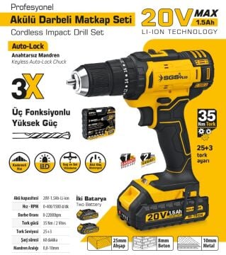 SGS5248 - 20 Volt 1.5 Amper Akülü Şarjlı Darbeli Matkap Vidalama Seti Çift Akülü