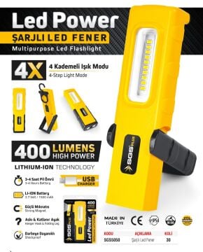 SGS 5050 Şarjlı Mıknatıslı Ledli Fener Tamirci Aydınlatma Lambası 400 Lümen USB Şarjlı 4 Kademeli