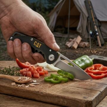 CAT DA980010 Kemer Askı Kancalı Katlanabilir 12CM Paslanmaz Çelik Kamp Çakısı