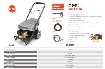 LUTİAN LT19ME - 180 BAR Profesyonel Yüksek Basınçlı Oto Yıkama Makinası 3700 Watt
