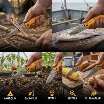 CAT DA980006 Kemer Askı Kancalı Katlanabilir 20CM Paslanmaz Çelik Sarı Kamp Çakısı