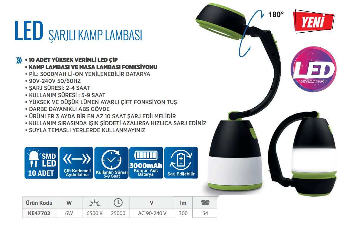 KLAUS Led Şarjlı Kamp Lambası 6W