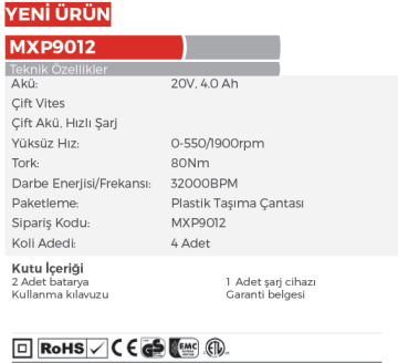 MAX EXTRA MXP9012 Akülü Darbeli Matkap Vidalama  - 20 Volt - 4 Amper