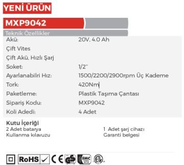 MAX EXTRA MXP9042 - 20 Volt 4 Amper 400 Nm Akülü Somun Sökme Makinası Kömürsüz Motor