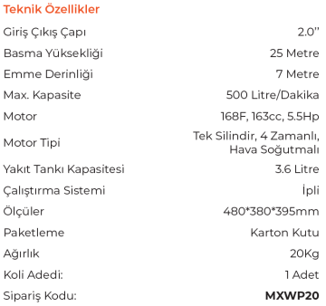 MAX EXTRA WP20 Benzinli Su Transer Pompası Motopomp 2''