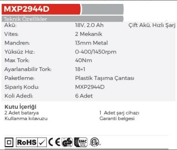 MAX EXTRA MXP2944D Akülü Darbeli Matkap 18Volt - 2 Amper