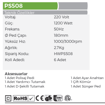 HAOWEI PS508 - 180mm Profesyonel Rotary Elektrikli Polisaj Makinası 1200 Walt