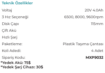 MAX EXTRA MXP9032 -115mm Akülü Avuç Taşlama 20 Volt 4 Amper (Devir Ayarlı - Kömürsüz Motor)