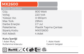 MAX EXTRA MX2601 Elektrikli SDS Plus Kırıcı Delici 790 Watt - 2.7 Jul