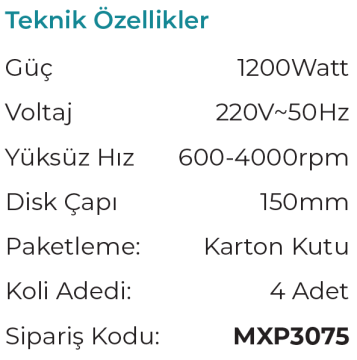 MAX EXTRA MXP3075 - Profesyonel 150mm Orbital Polisaj Makinesi 1200 Watt