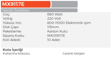 MAX EXTRA MX9117E Devir Ayarlı Elektrikli Avuç Taşlama Makinası 115mm