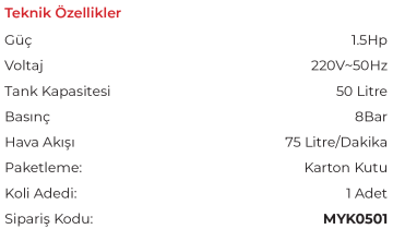 MYTOL MYK0501 - 50 Litre 1.5 HP Çift Silindir Yüksek Hızlı Yağsız Hava Kompresörü 220 Volt