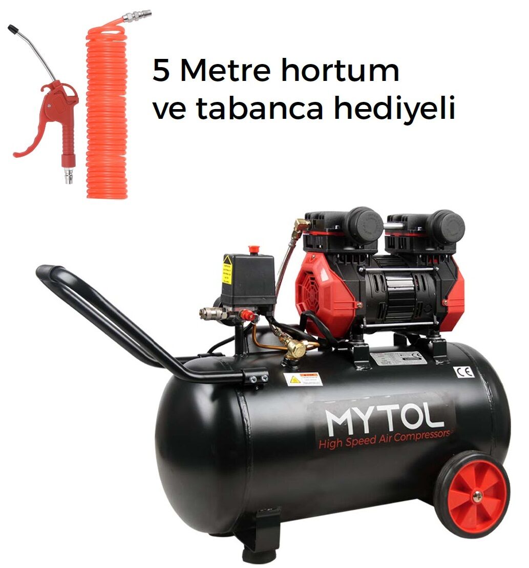 MYTOL MYK0501 - 50 Litre 1.5 HP Çift Silindir Yüksek Hızlı Yağsız Hava Kompresörü 220 Volt