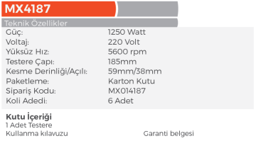 MAX EXTRA MX4187 Elektrikli Dairesel Testere Makinası 185mm