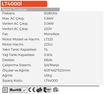 LUTİAN LT4000i Yeni Nesil EURO(5) Sessiz Benzinli Inverter Jeneratör 3.8 kW