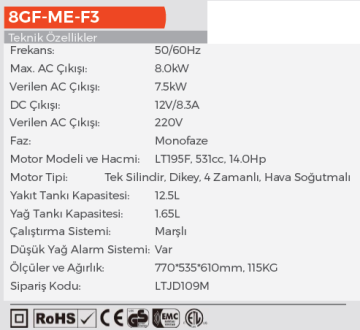 LUTIAN 8GF-ME-F3 Monofaze Dizel Jeneratör 8.0kW