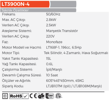LUTİAN İpli 2.8 kW Benzinli Jeneratör EURO V(5) Motor (LT3900N-4)